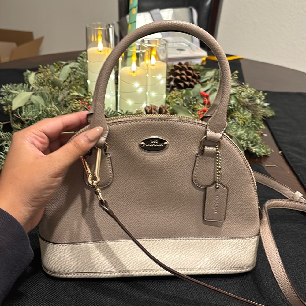COACH Cross Grain Leather Mini Cora Dome Satchel Gray Birch/Chalk F34517